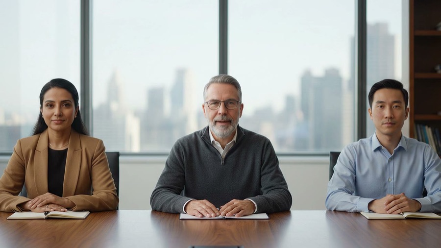 Three investors at a boardroom table