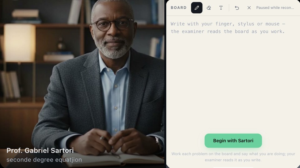 An examiner on a video call above a whiteboard