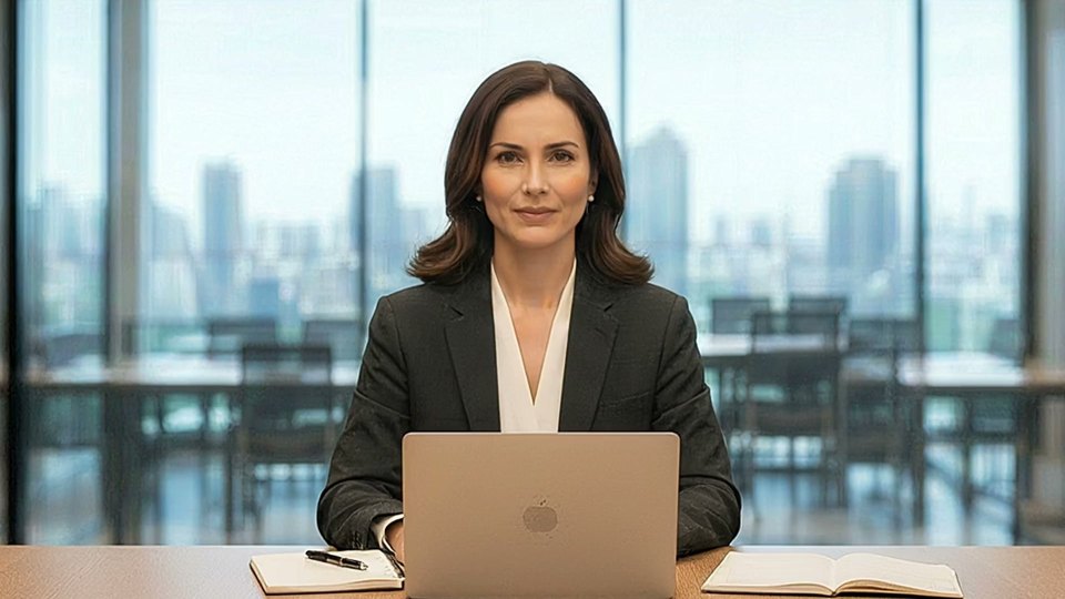 An interviewer with a laptop at her desk